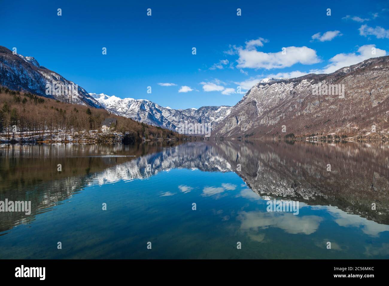 Bohinj lake and the snowy Julian Alps on the background, Rib?ev Laz, Upper Carniola, Triglav National Park, Slovenia Stock Photo