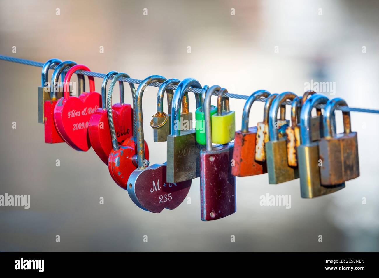 Love padlocks on a pier on the Bled lake, Upper Carniola, Slovenia, Europe Stock Photo