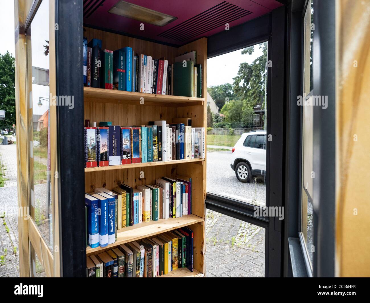 Priort, Germany. 25th June, 2020. The 'book box', a former telephone booth in Priort, Brandenburg, has been artistically designed. There, bookworms can take out books free of charge in exchange. Credit: Paul Zinken/dpa/Alamy Live News Stock Photo