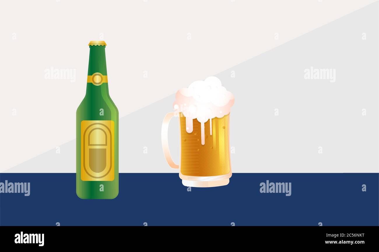 mock up illustration of beer bottle and mugs Stock Vector