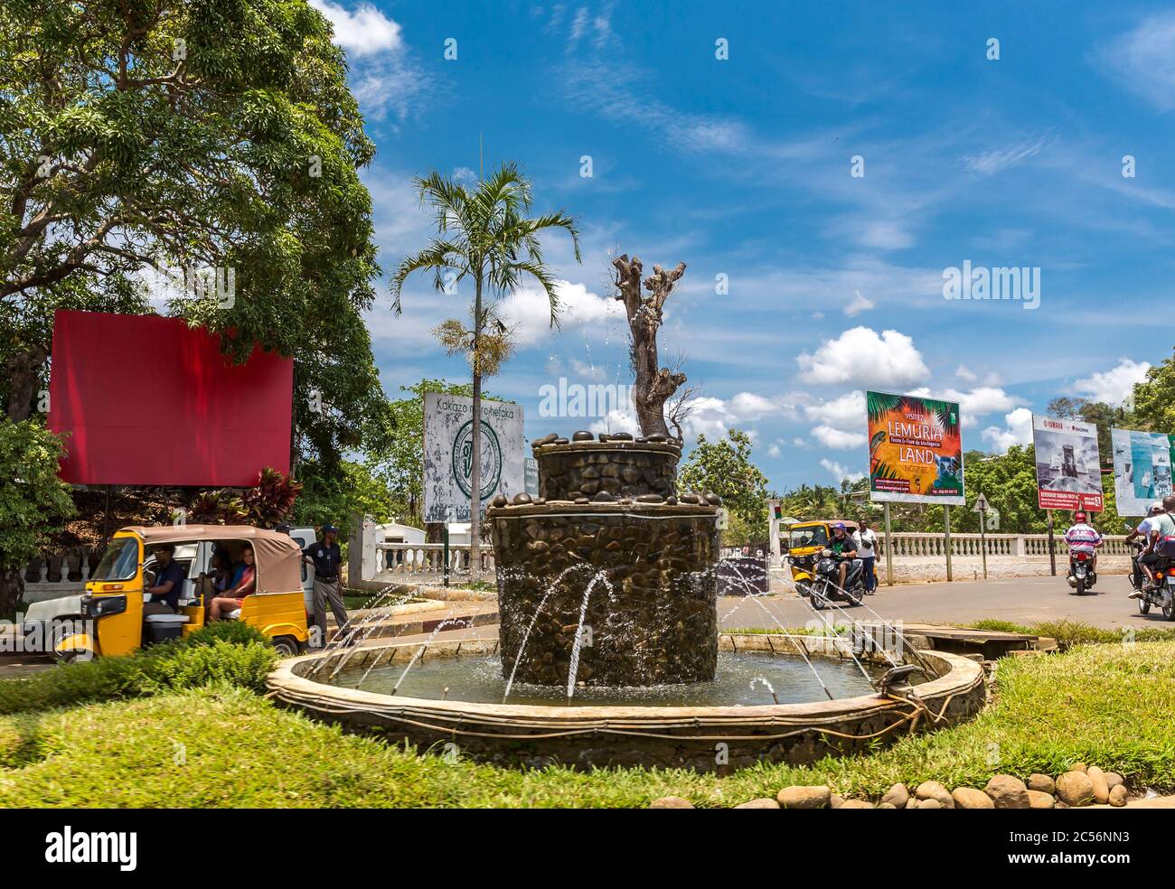 Fountain, street scene in Andoany, Hell-Ville, Nosy Bé Island, Madagascar, Africa, Indian Ocean Stock Photo