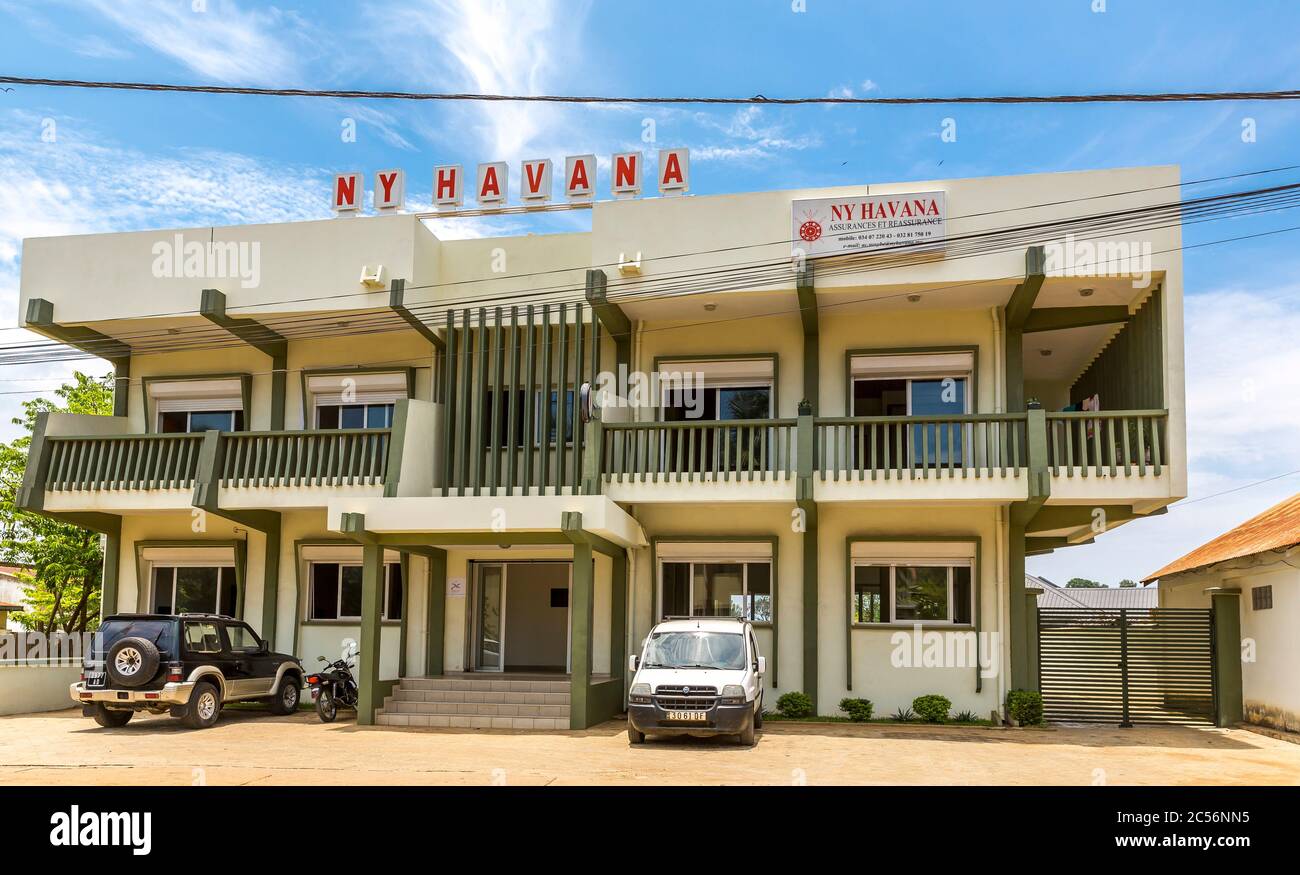 Insurance building, street scene in Andoany, Hell-Ville, Nosy Bé Island, Madagascar, Africa, Indian Ocean Stock Photo