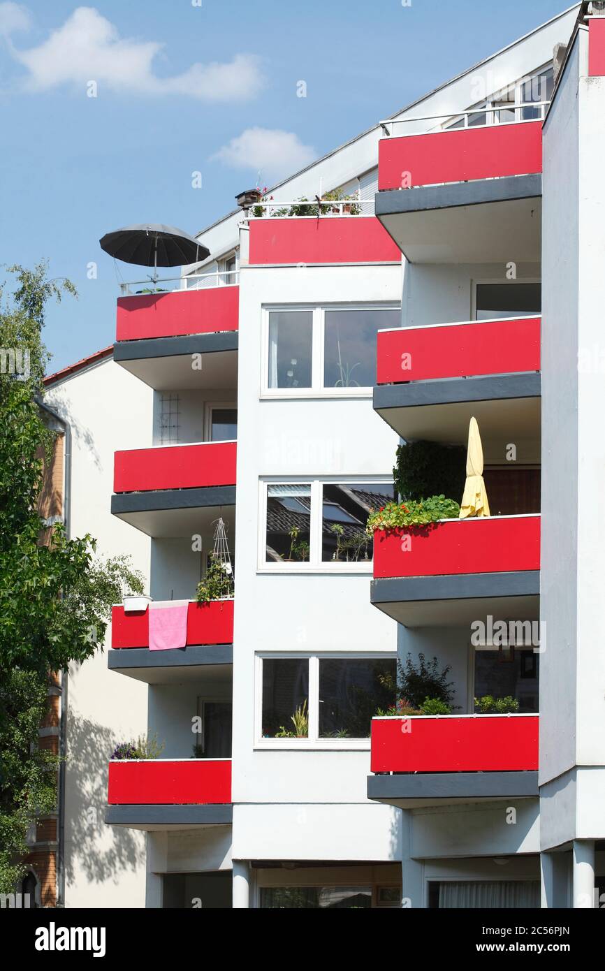 Red balconies, skyscraper, Bremen-Vahr, Bremen, Germany, Europe Stock Photo