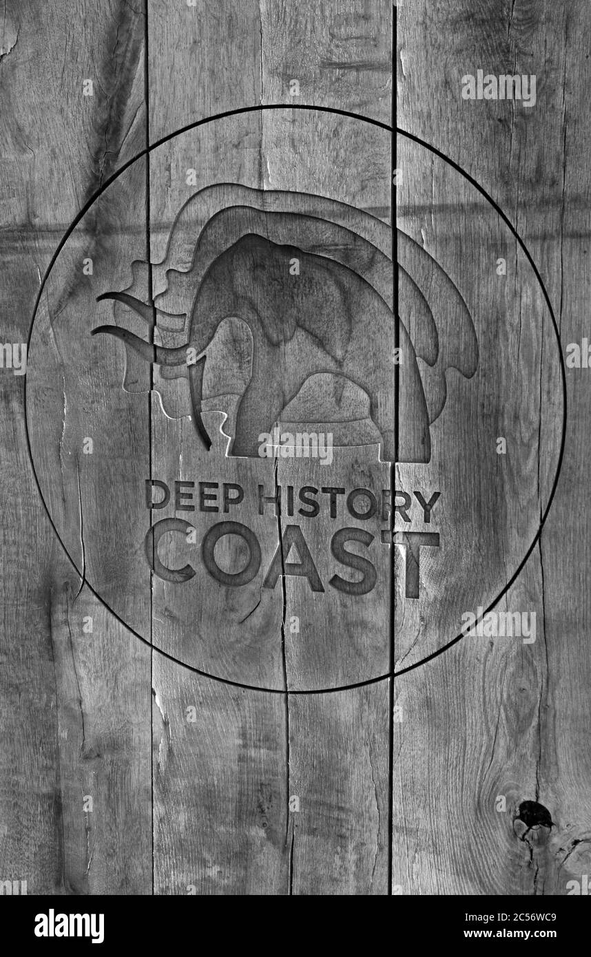 A carving of Mammoth in a Deeo History Coast outdoor display at Cart Gap, Happisburgh, Norfolk, England, United Kingdom. Stock Photo