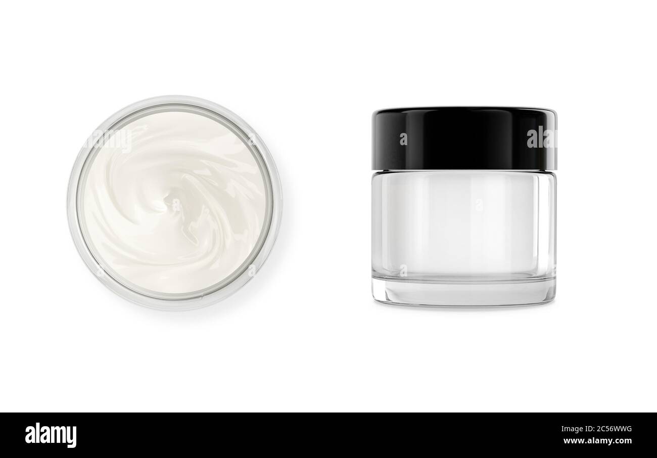 Cosmetic jar, pot glass container with body, face cream. Realistic  packaging mockup template with black cap. Isolated on white. 3D rendering  Stock Photo - Alamy