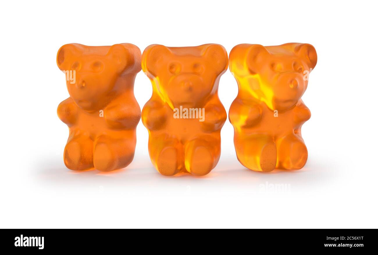 Gummy bears candy. Delicious, chewy jelly orange bears. Yummy gelatin candy. 3D rendering