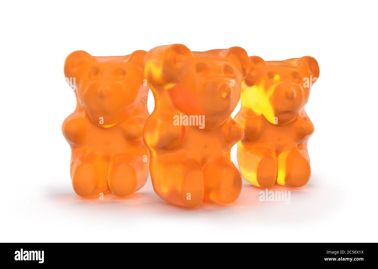 Gummy bears candy. Delicious, chewy jelly orange bears. Yummy gelatin candy. 3D rendering