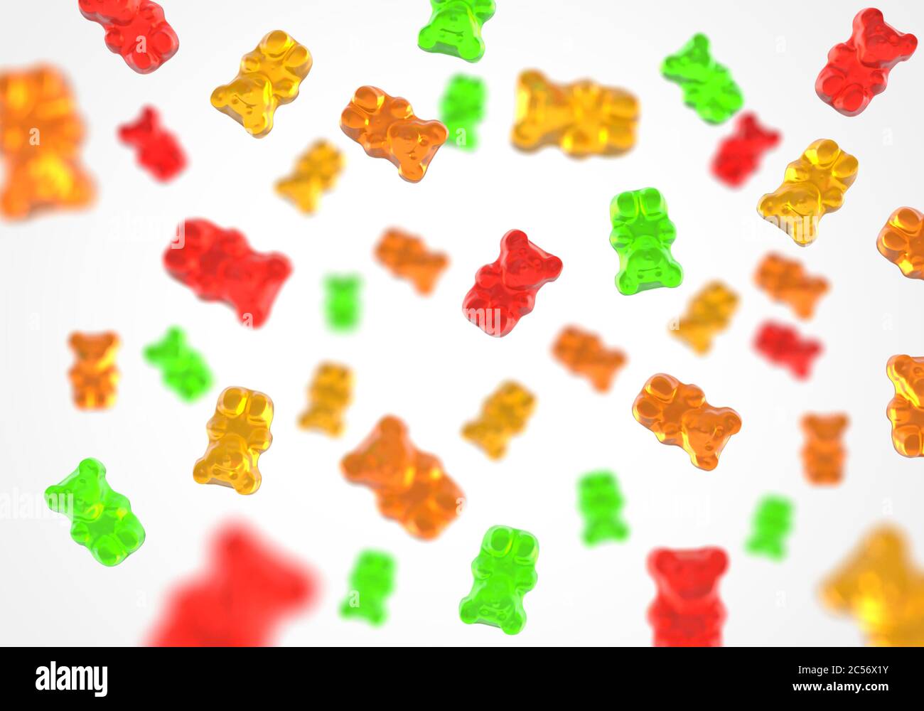 Jelly gummy bears flying candy background. Fruit gum candies theme. Red