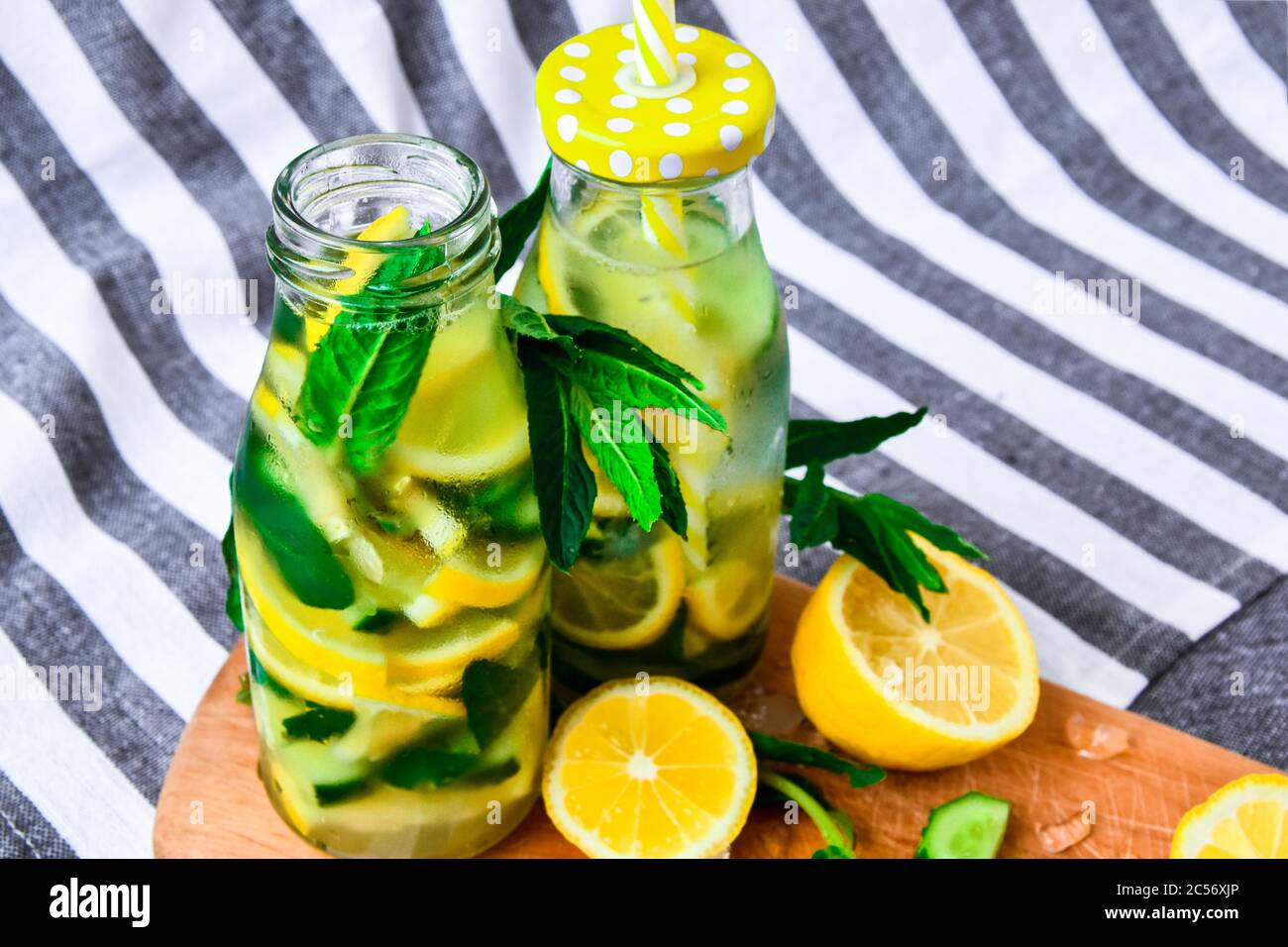 Fresh cool lemon cucumber mint infused water detox drink, summer refreshing drink Stock Photo
