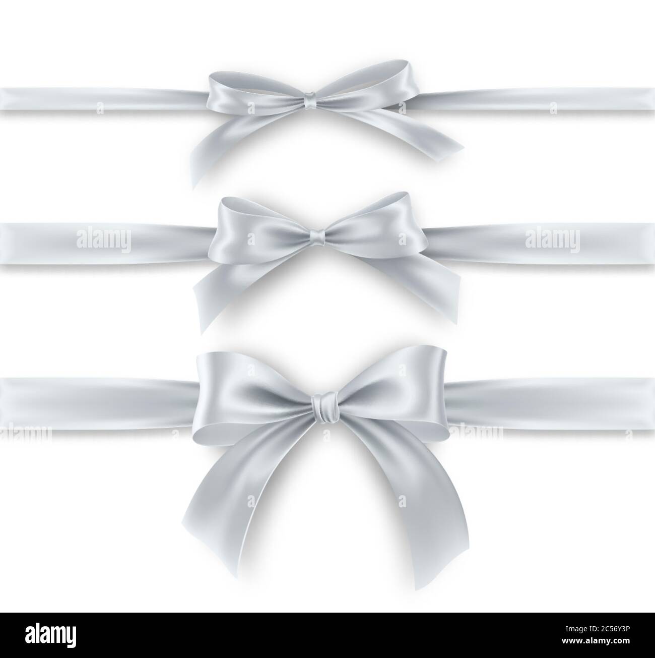 Set silver Bow and Ribbon on white background. Realistic silver bow for decoration design Holiday frame, border. Vector illustration Stock Vector