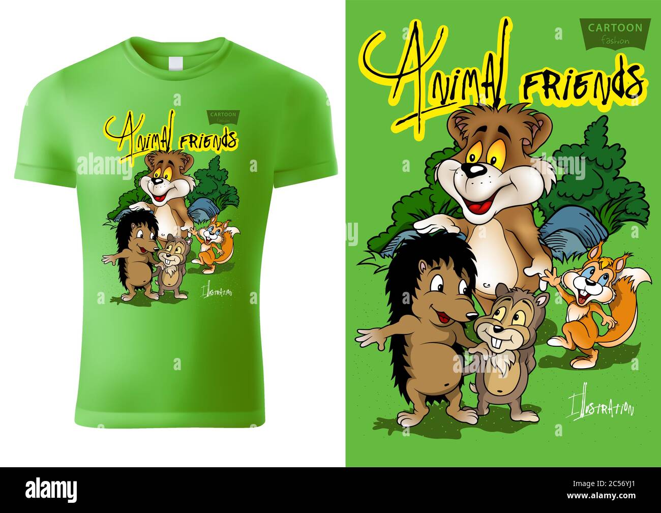Green Child T-shirt Design with Cartoon Animals Stock Vector Image ...