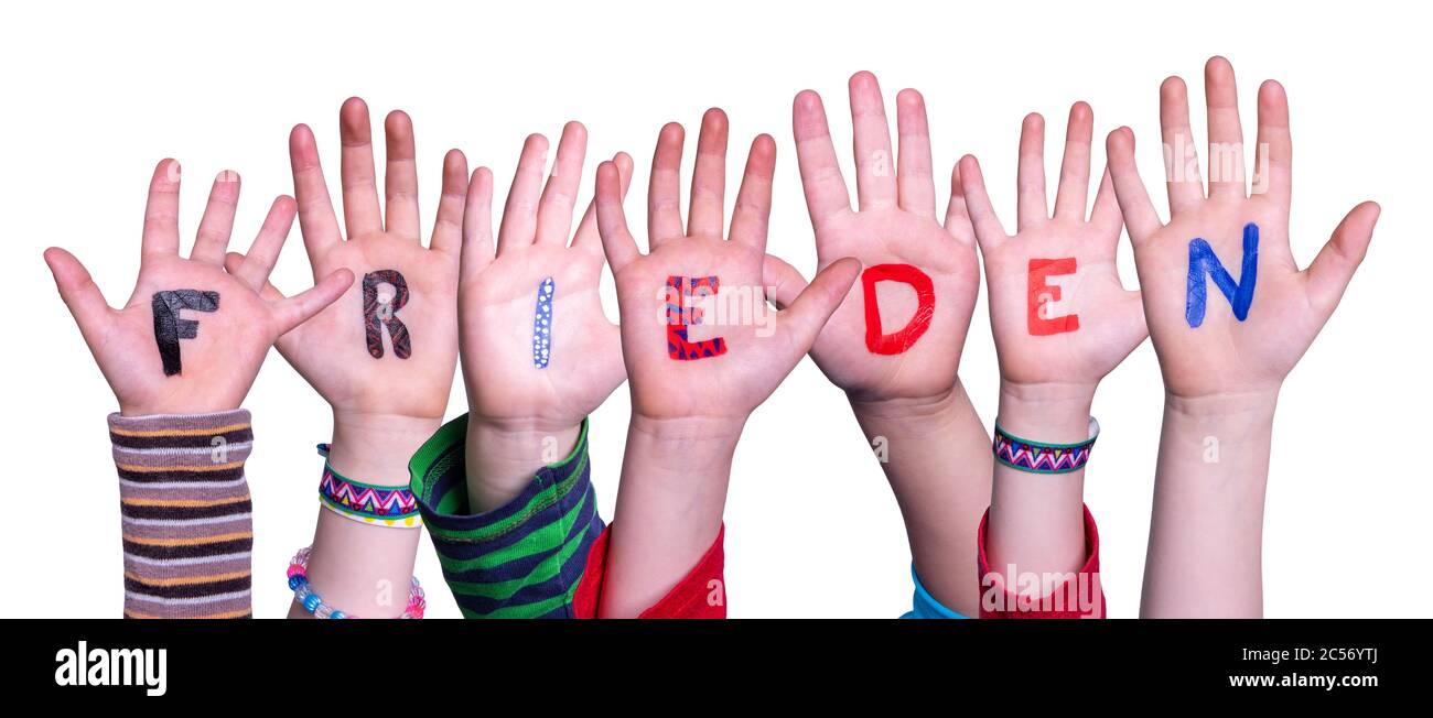 Children Hands Building Word Frieden Means Peace, Isolated Background Stock Photo