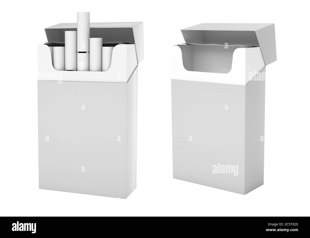 White pack of cigarettes with white filter. Open empty and full packs Stock Photo