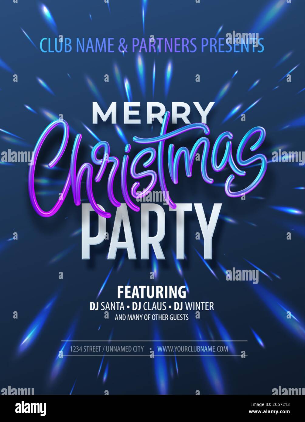 Poster Merry Christmas party with holographic inscription on Christmas Fong with iridescent reflections. Vector illustration Stock Vector
