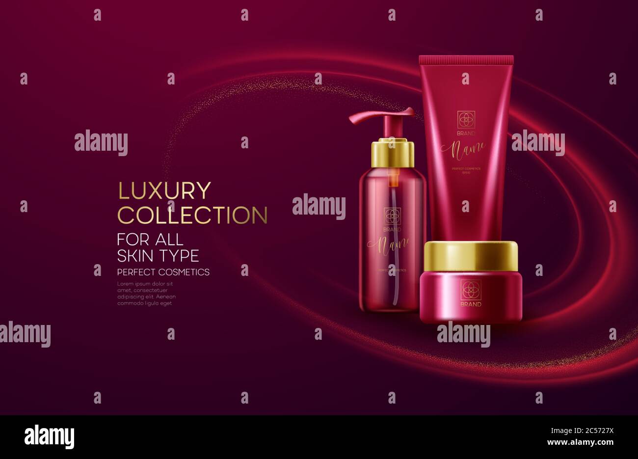 Cosmetics products with luxury collection composition on red wave