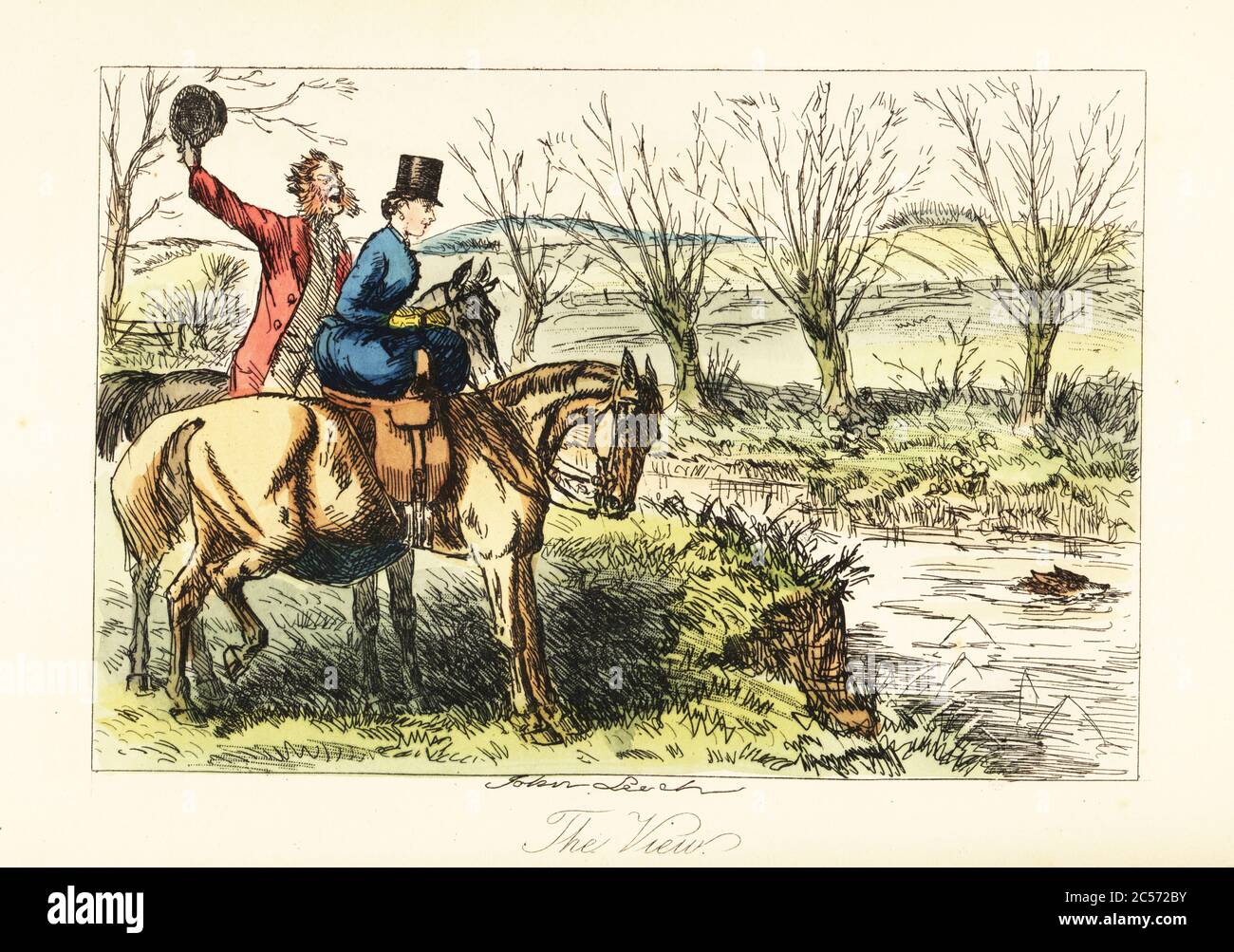 English huntsman and lady watching a fox swim across a river, 19th century. Facey Romford raising his hat and shouting while Mrs Lucy Somerville sits sidesaddle on her mount. The view. Handcoloured steel engraving after an illustration by John Leech from Robert Smith Surtees’ Mr. Facey Romford’s Hounds, Bradbury, Evans and Co., London, 1865. Leech (1817-1864) was an English caricaturist and illustrator best known for his work for Punch magazine. Stock Photo