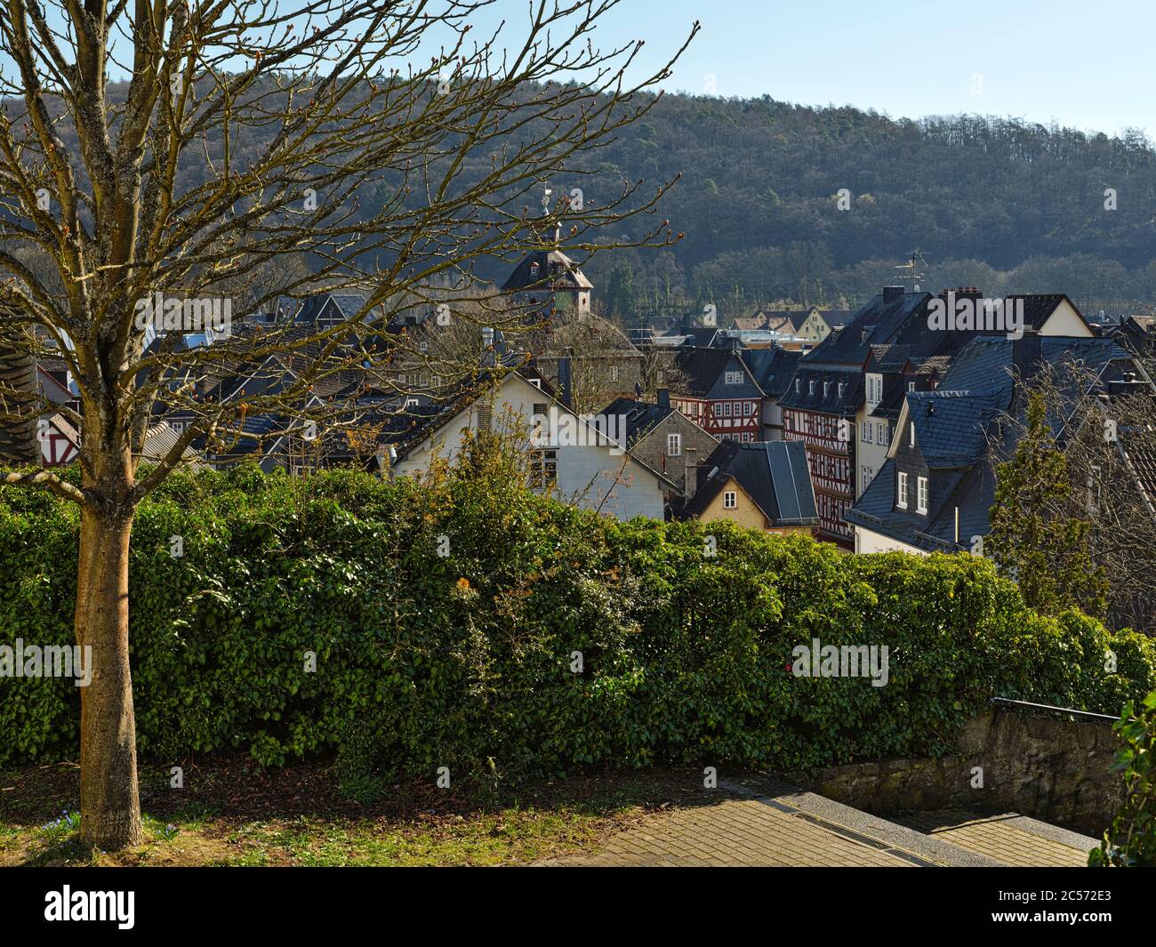 Europe, Germany, Hesse, Lahn-Dill-Bergland Nature Park, city of Herborn, view from Kirchberg to old town with town hall Stock Photo