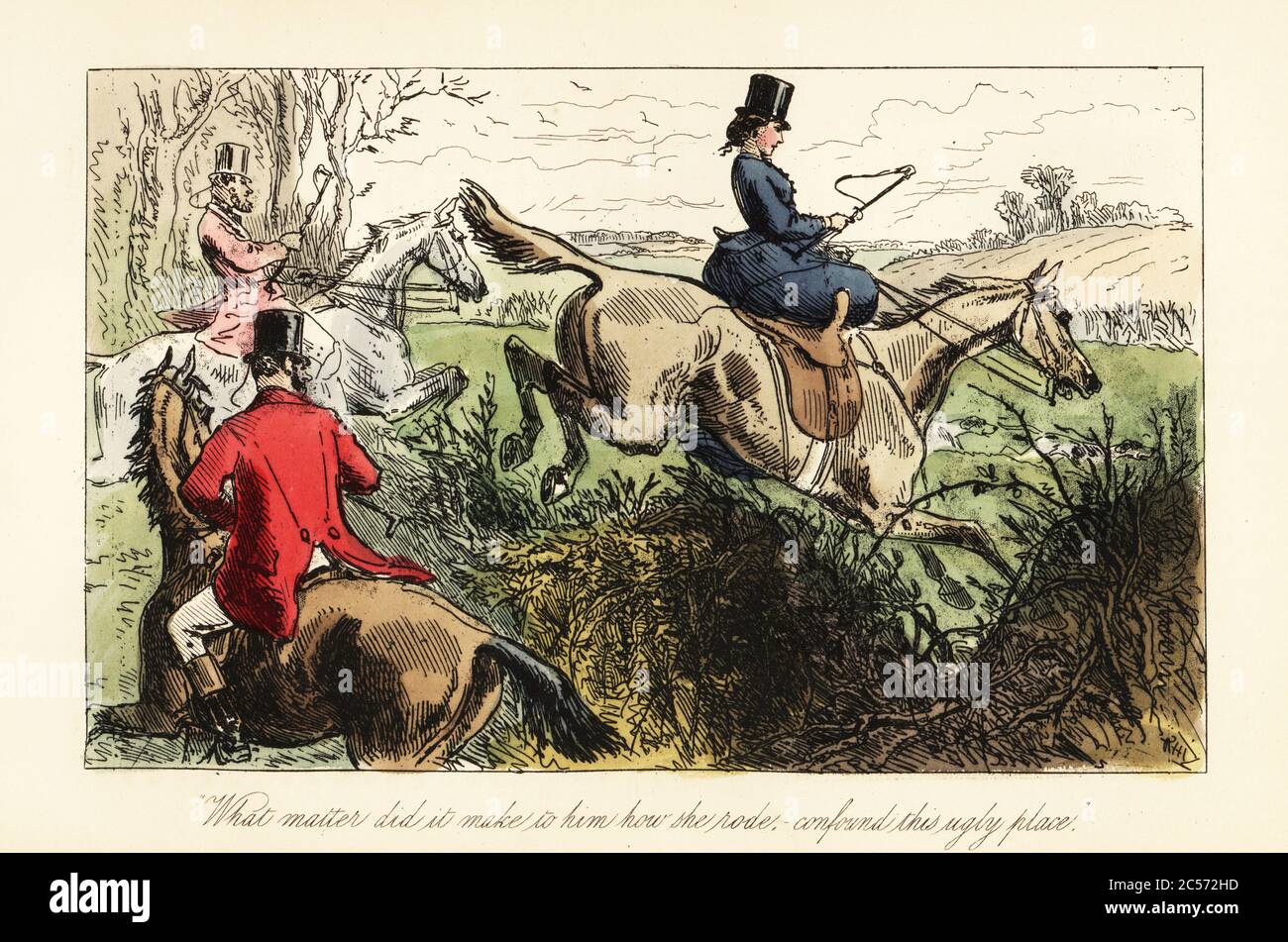 English huntswoman jumping sidesaddle over a fence, 19th century. Facey Romford unable to follow Lucy Somersville over a hedge. What matter did it make to him how she rode, confound this ugly place. Handcoloured steel engraving after an illustration by Hablot Knight Browne (Phiz) from Robert Smith Surtees’ Mr. Facey Romford’s Hounds, Bradbury, Evans and Co., London, 1865. Stock Photo