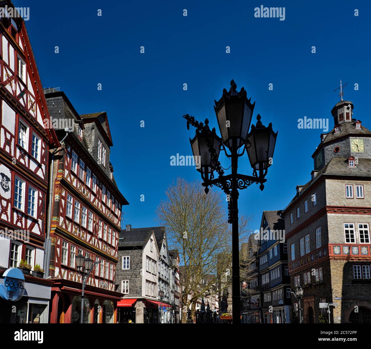 Europe, Germany, Hesse, Lahn-Dill-Bergland Nature Park, city of Herborn, market square with town hall and Nassauer Haus, view to the northeast Stock Photo