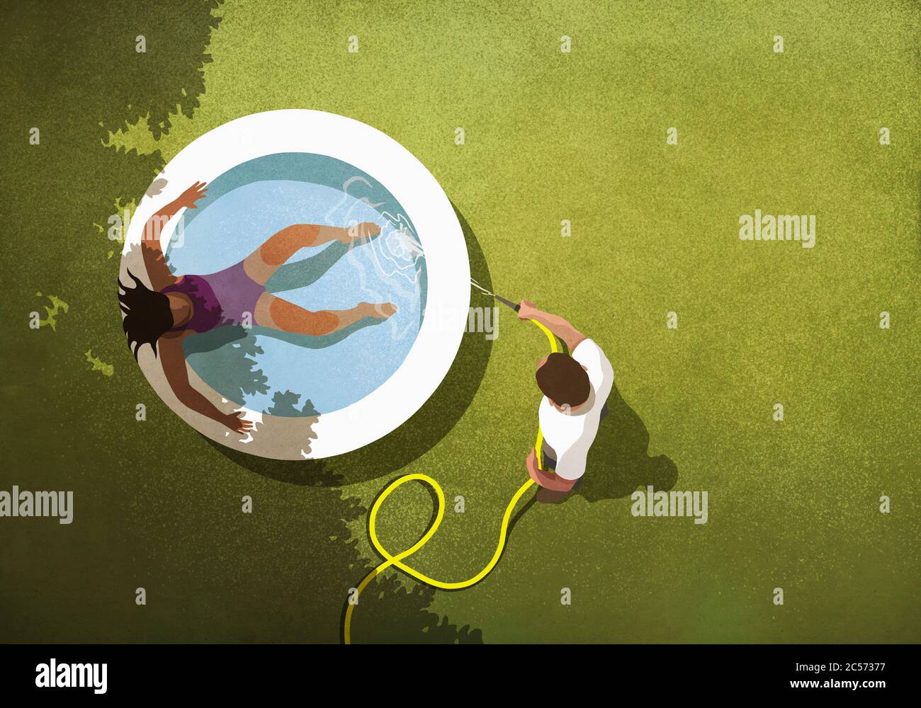 Man filling wading pool with water for wife Stock Photo