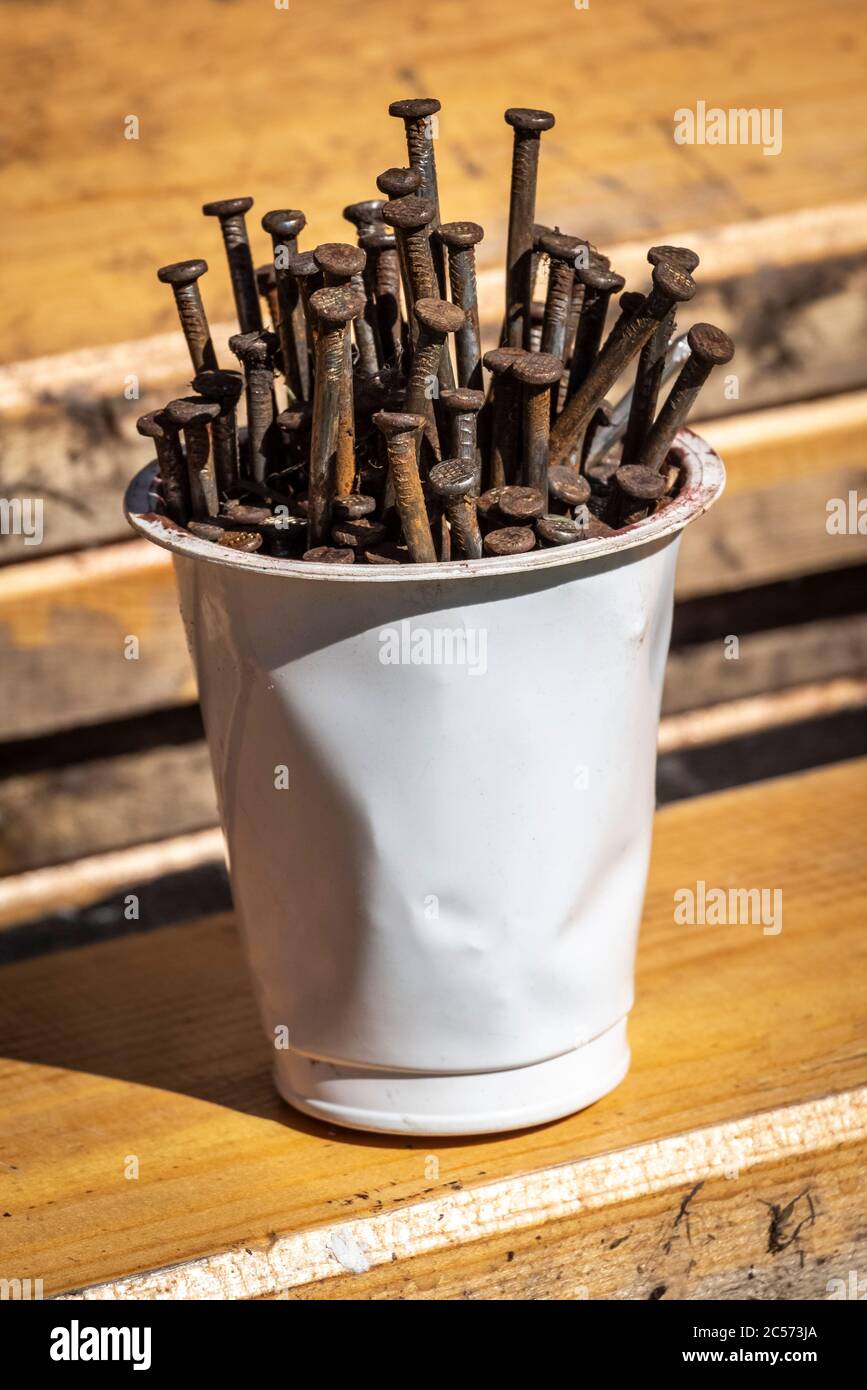 Old rusty nails in a plastic cup in the backyard Stock Photo Alamy
