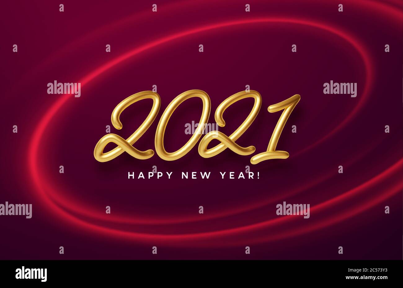 Realistic shiny 3D golden inscription 2021 happy new year on a background with red bright waves. Vector illustration Stock Vector