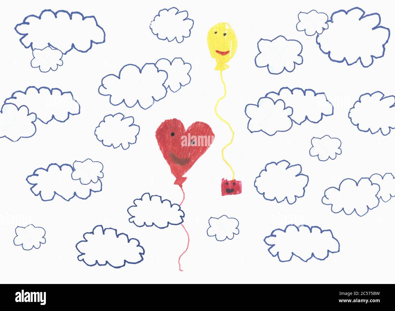 Childs drawing anthropomorphic balloons floating in cloudy sky Stock Photo