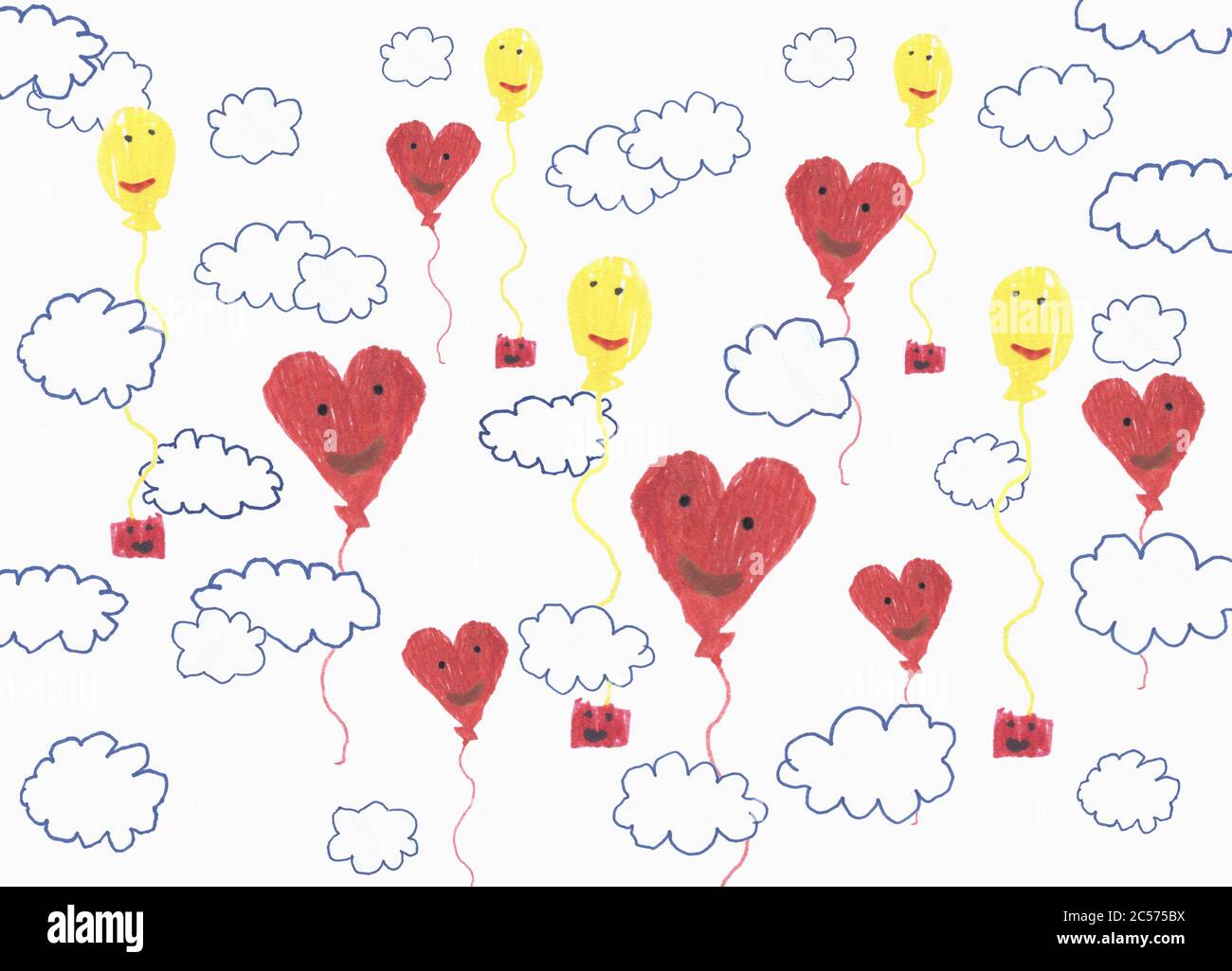 Childs drawing anthropomorphic balloon pattern in cloudy sky Stock Photo