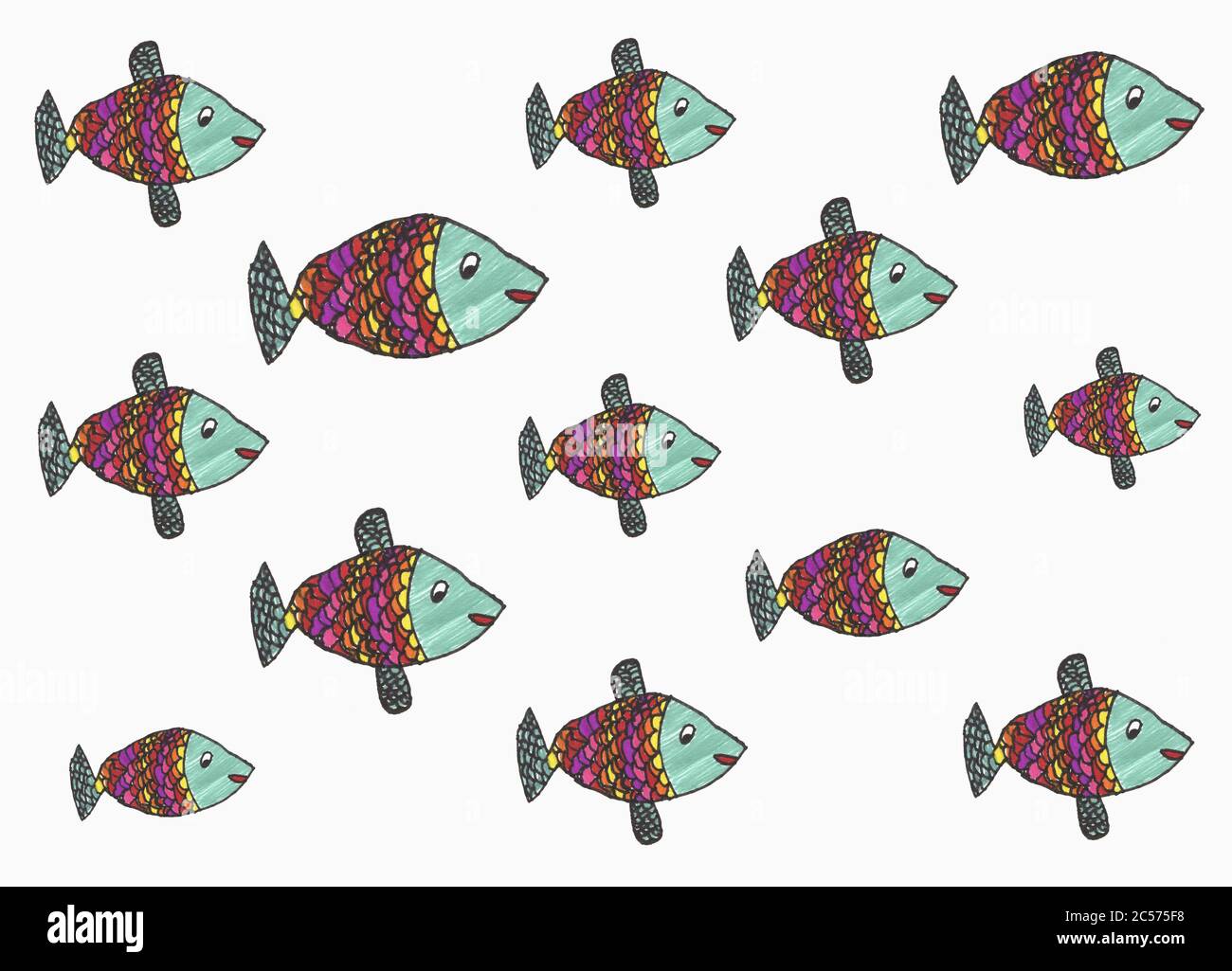 Childs drawing multicolor fish pattern on white background Stock Photo ...