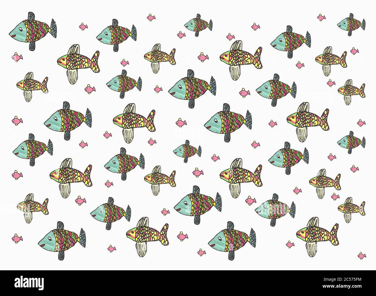 Childs drawing multicolor fish pattern on white background Stock Photo ...