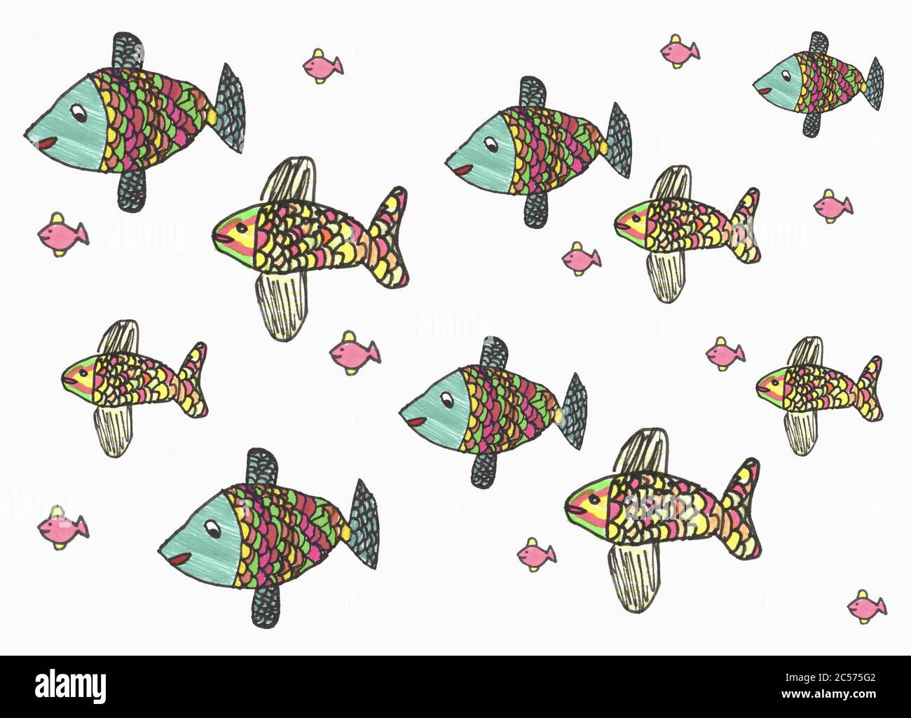 Childs drawing multicolor fish on white background Stock Photo - Alamy