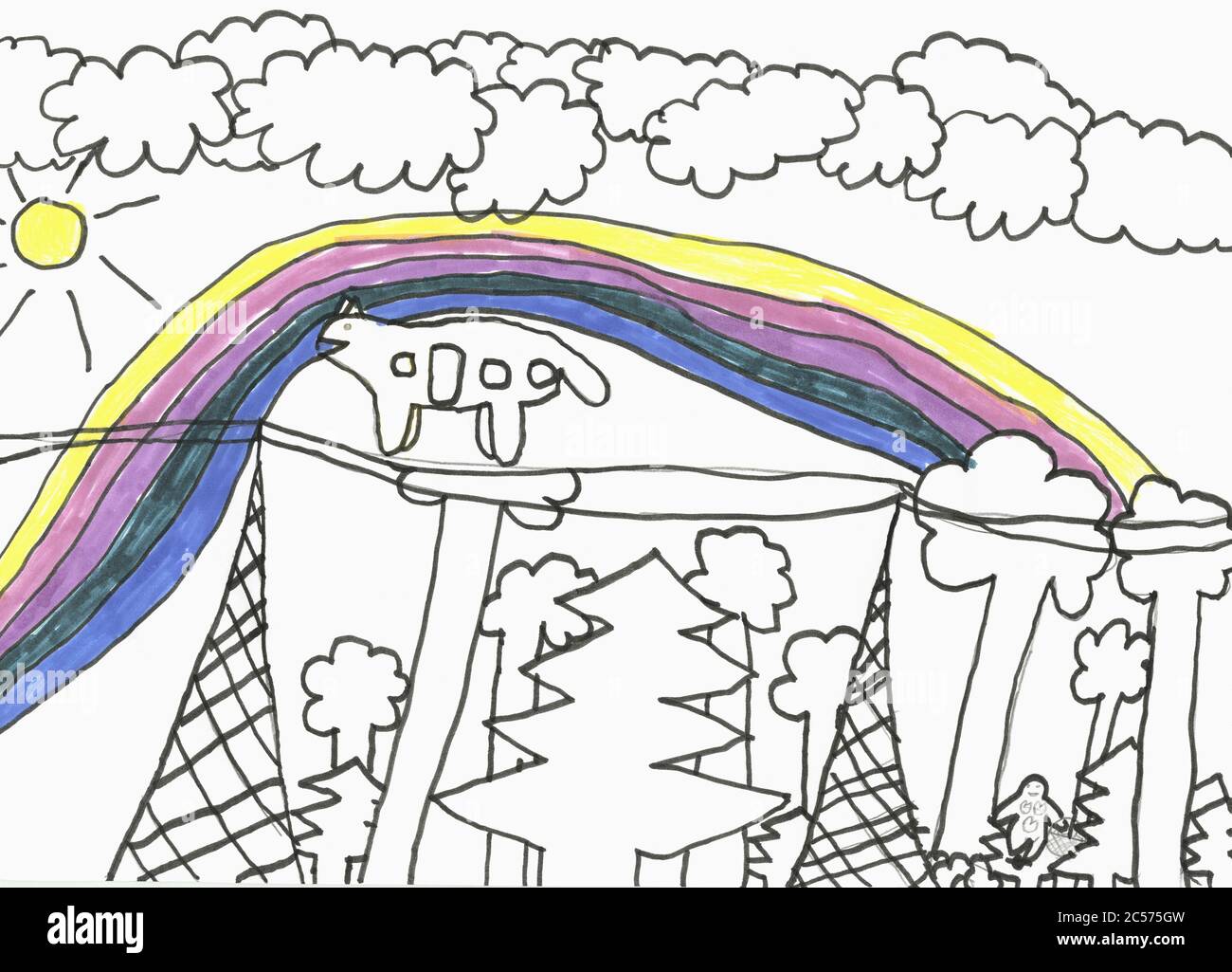 Childs drawing rainbow and trees Stock Photo