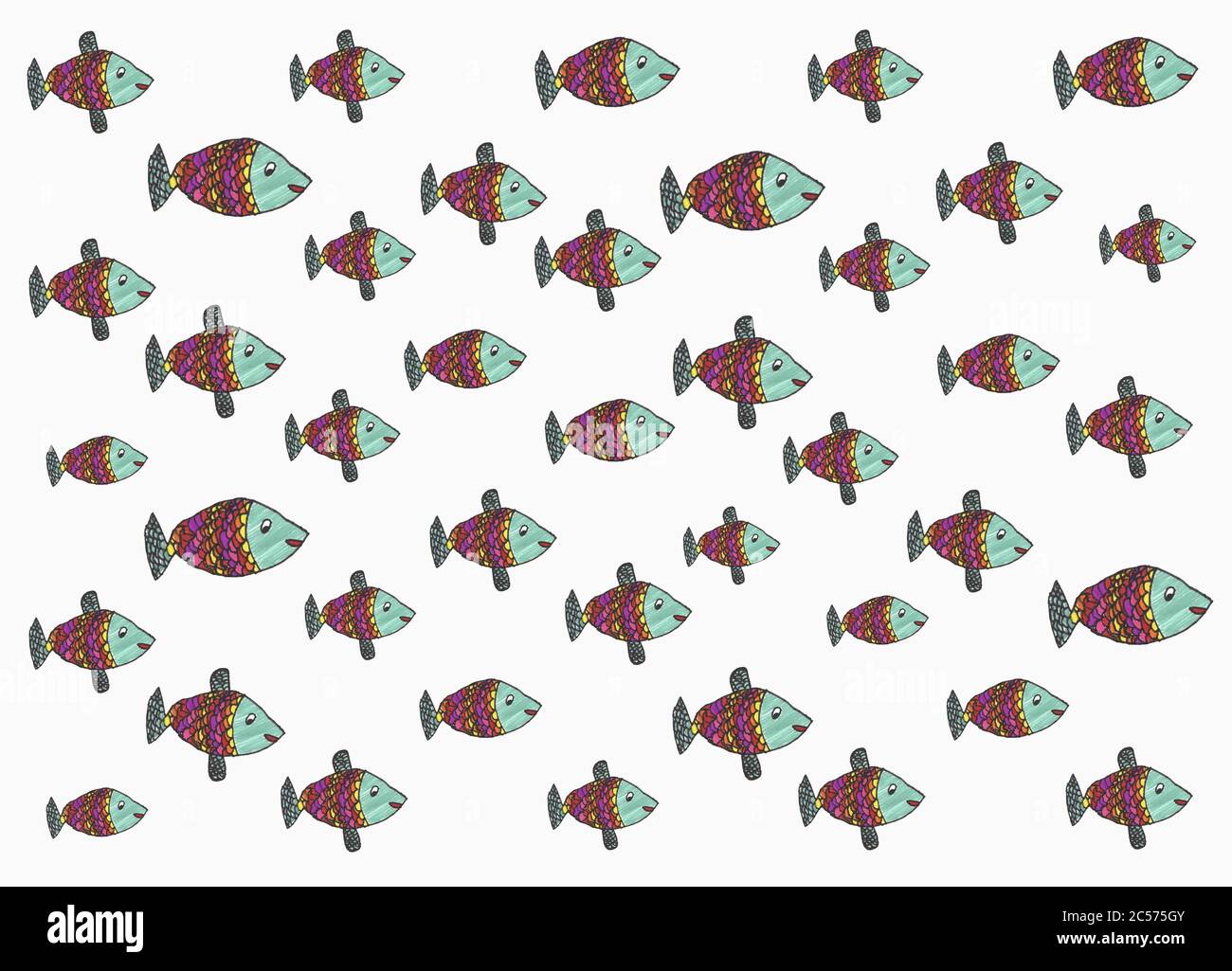 Childs drawing multicolor fish pattern on white background Stock Photo ...