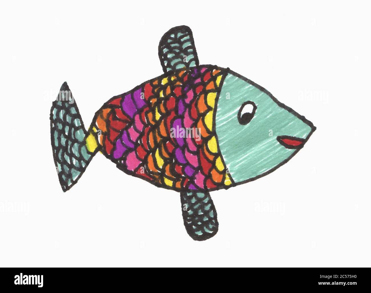 Childs drawing multicolor fish on white background Stock Photo - Alamy