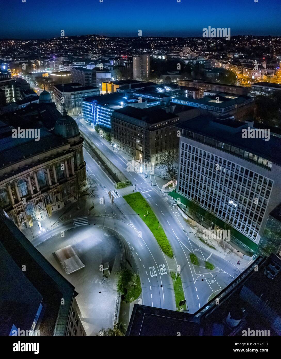Aerial view empty city streets at night during COVID-19, Stuttgart ...