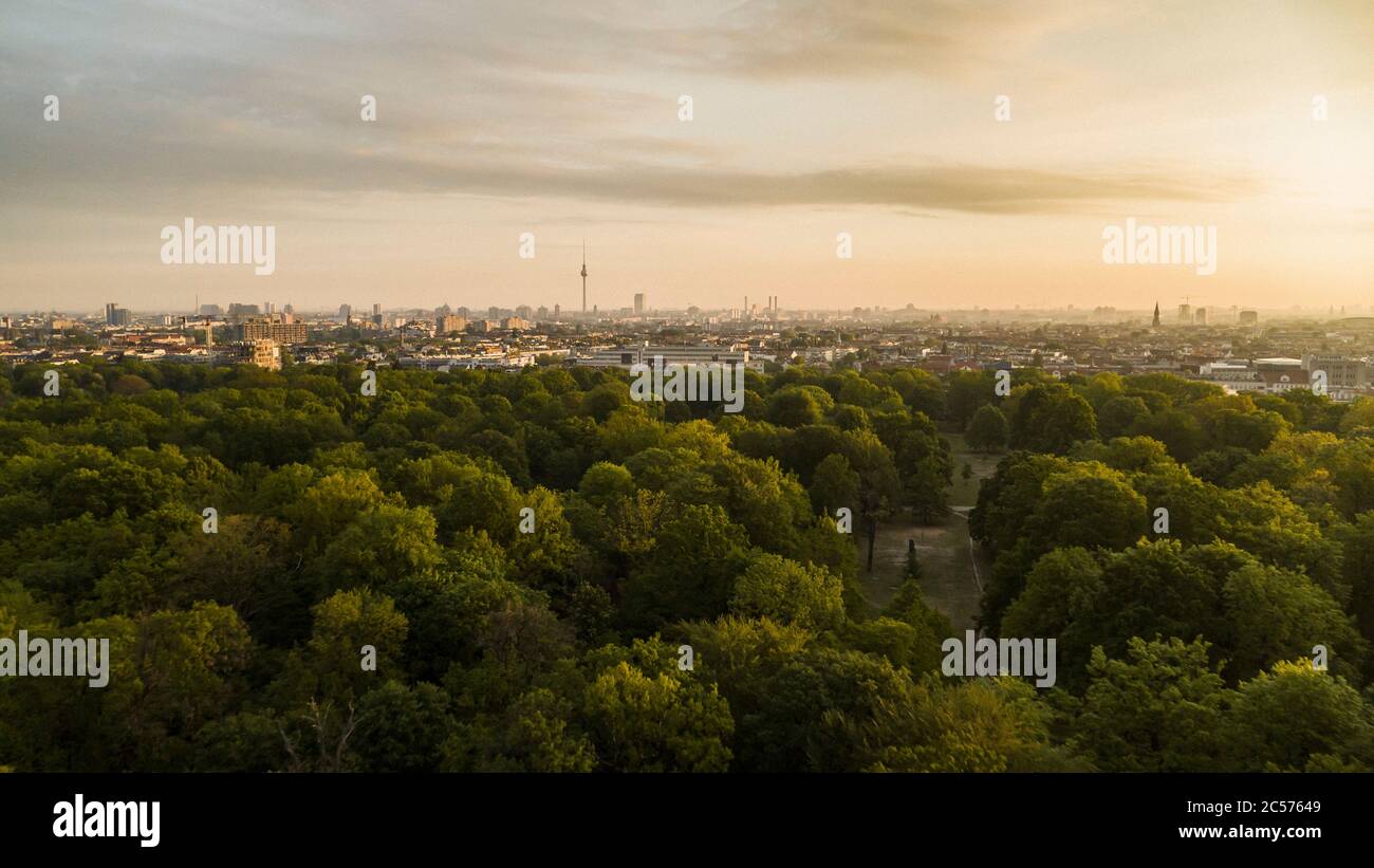 Scenic sunset view Volkspark Friedrichshain park and Berlin cityscape ...