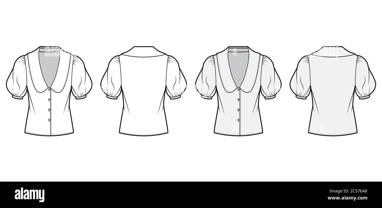 Blouse technical fashion illustration set with collar framing V neck, oversized medium puffed sleeves and body. Flat apparel template front, back, white grey color. Women men unisex garment CAD mockup Stock Vector