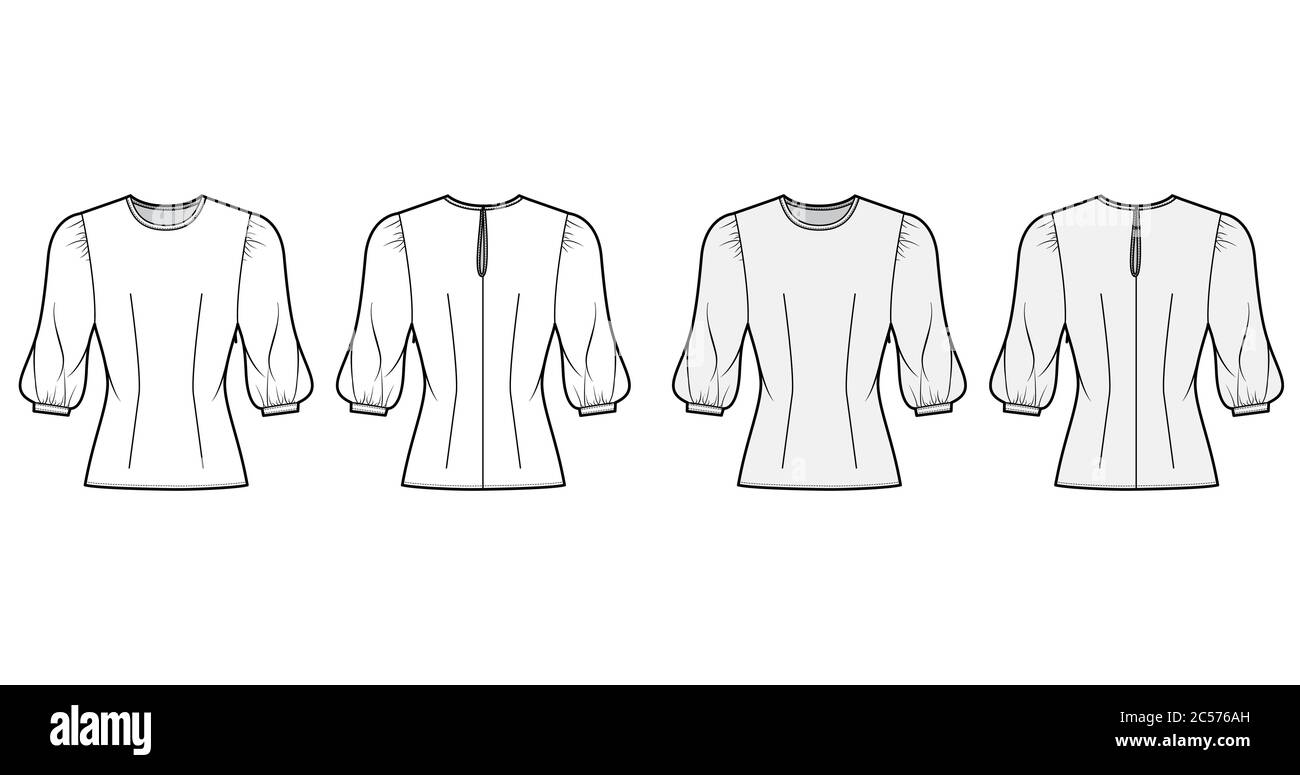Blouse technical fashion illustration set with round neckline, puffy mutton sleeves, fitted body. Flat apparel template front, back, grey and white color. Women, men unisex CAD garment designer mockup Stock Vector