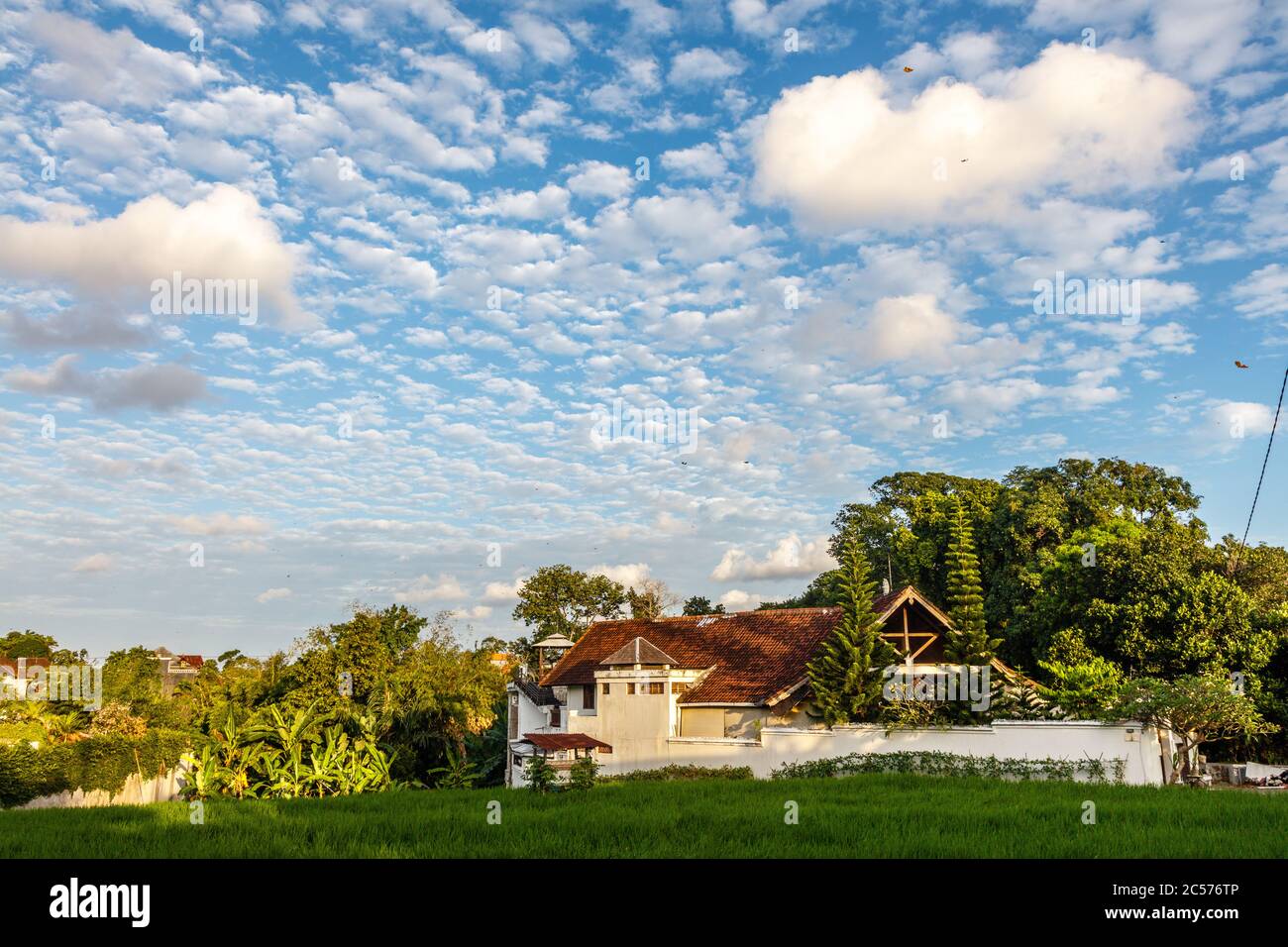 Blue sky with many little white clouds over the roofs of a village. Badung, Bali, Indonesia, Stock Photo