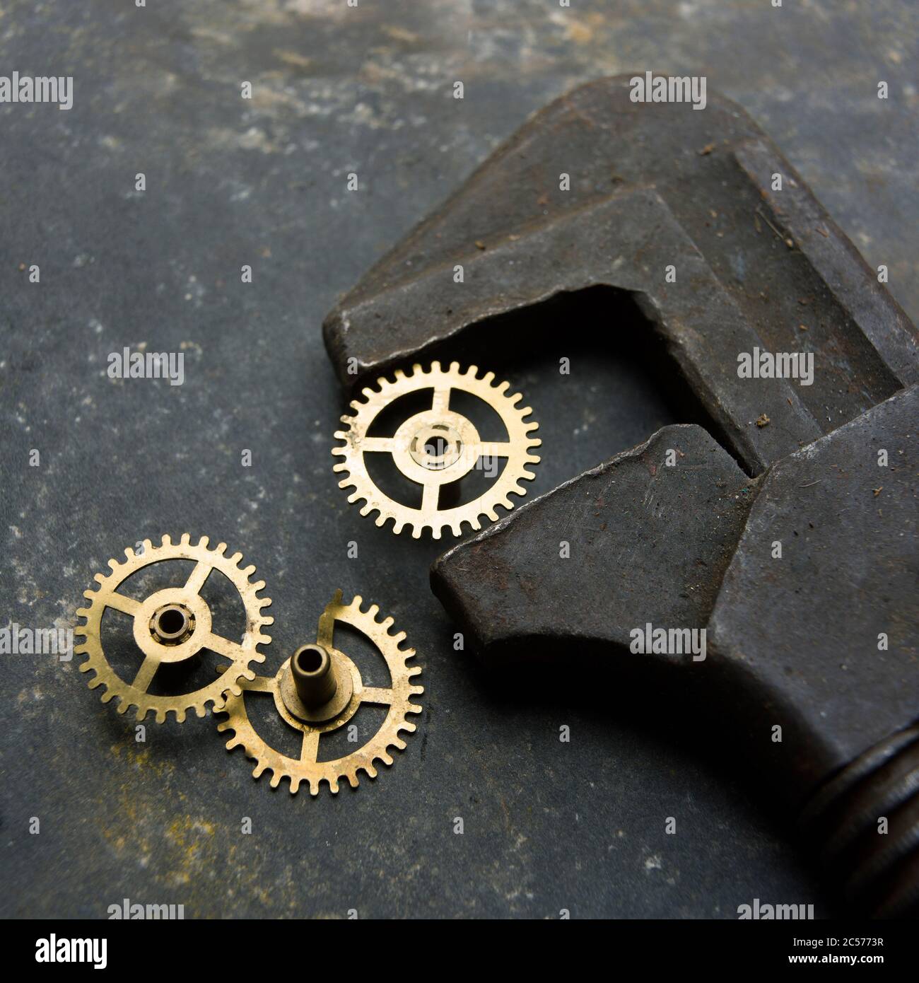 Rusty watch gear and adjustable wrench Stock Photo