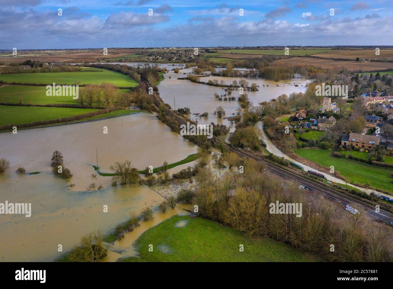 Aerial view of flooded valley at lower Hayford,Oxfordshire,England Stock Photo