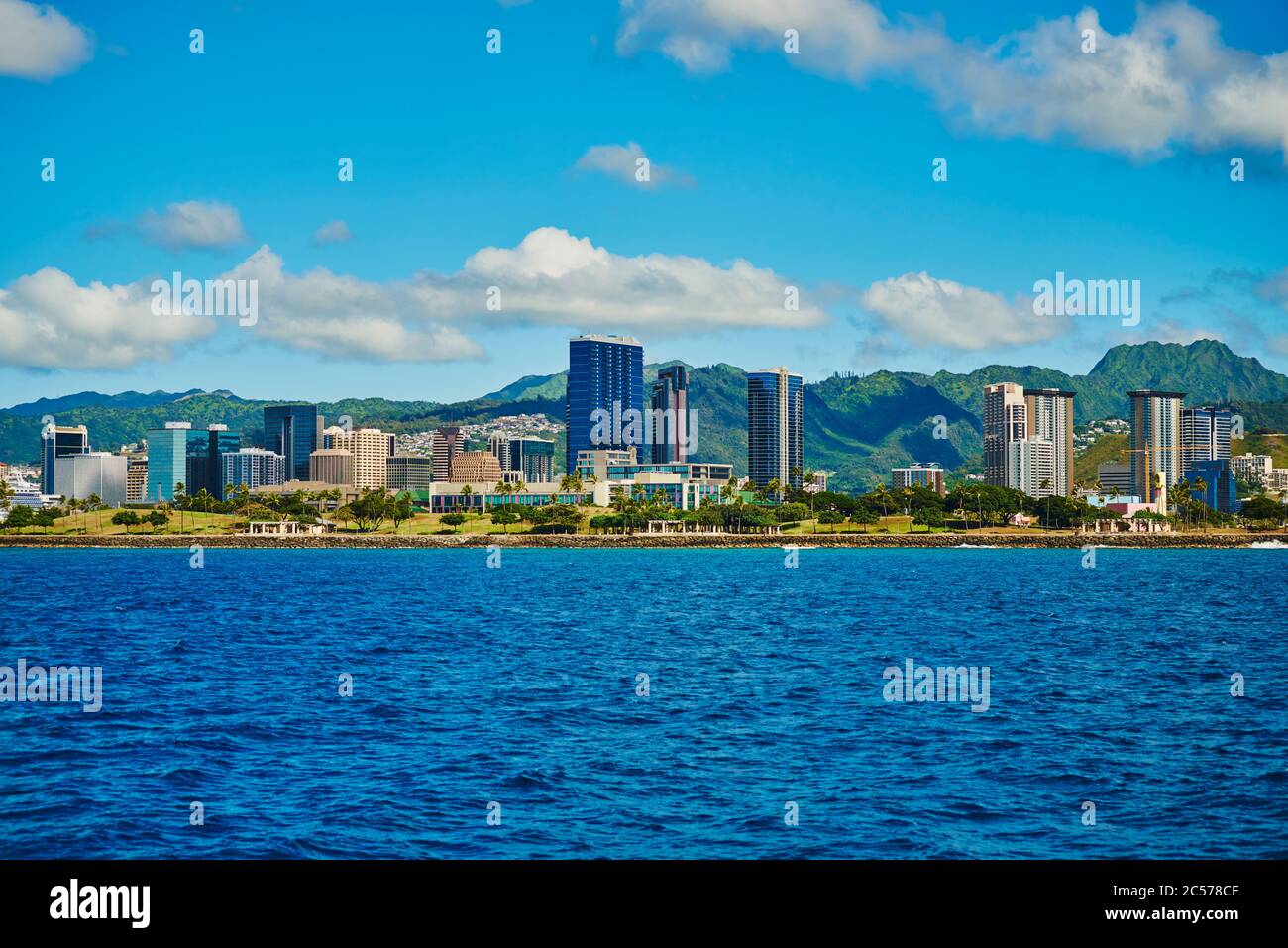 Landscape with tall buildings on the beach, Honolulu, Hawaiian Island