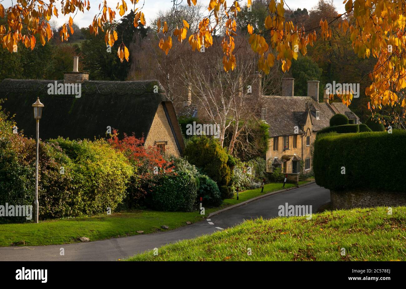 Cotswold cottages in Autumn colour at Broad Campden,Cotswolds,Gloucestershire,England Stock Photo