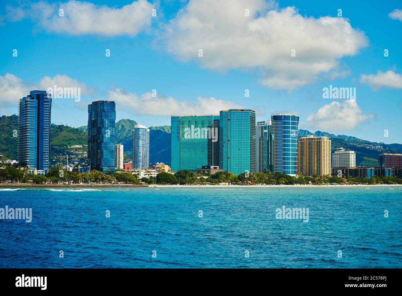 Landscape with tall buildings on the beach, Honolulu, Hawaiian Island