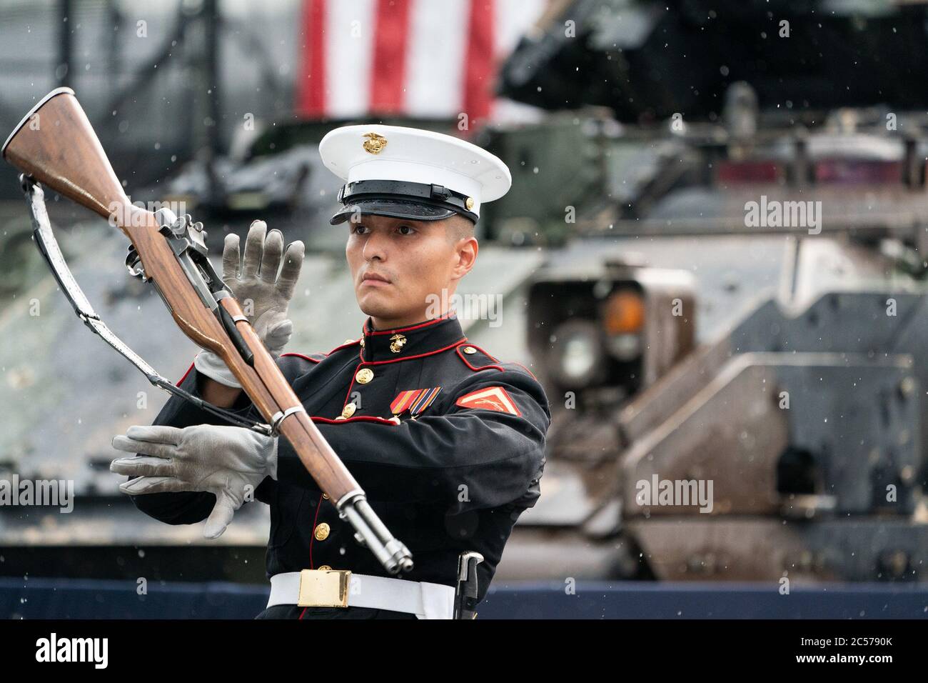 Washington, United States Of America. 04th July, 2019. A member of the U.S. Marine Corps Silent Drill Platoon marches in formation and performs at the Salute to America event Thursday, July 4, 2019, at the Lincoln Memorial in Washington, DC People: President Donald Trump Credit: Storms Media Group/Alamy Live News Stock Photo