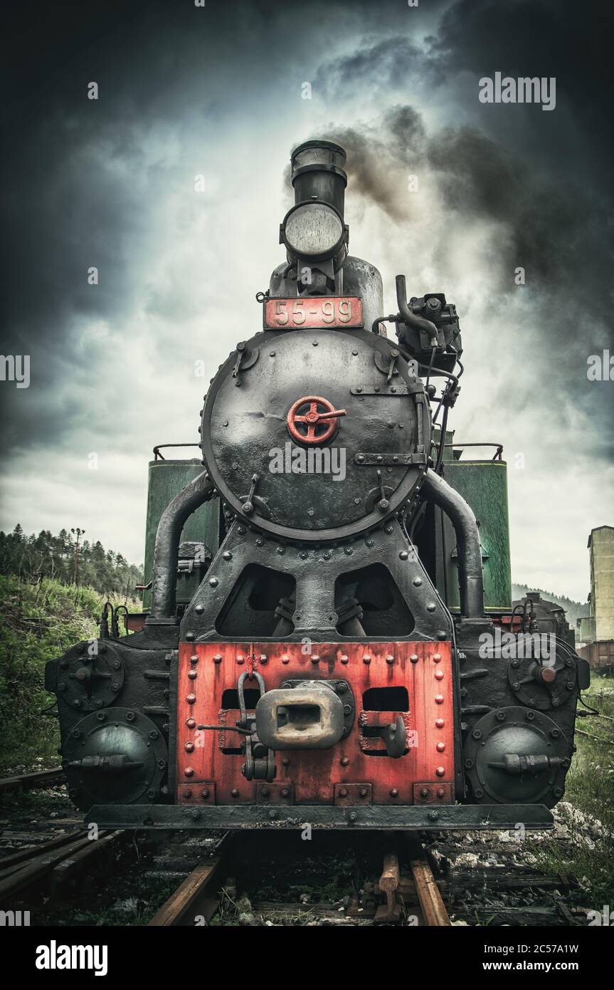 runaway train.old locomotive steam powered Stock Photo