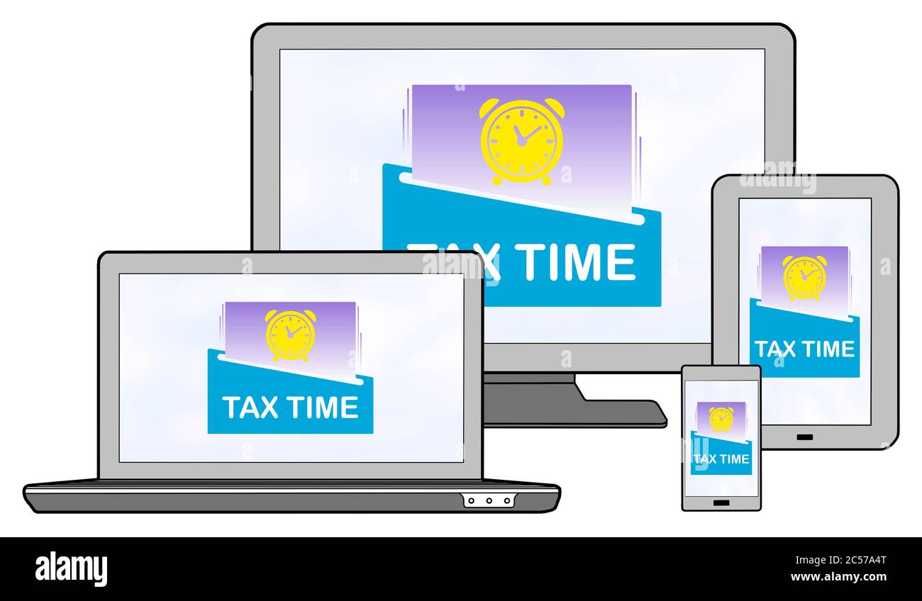 Tax time concept shown on different information technology devices Stock Photo
