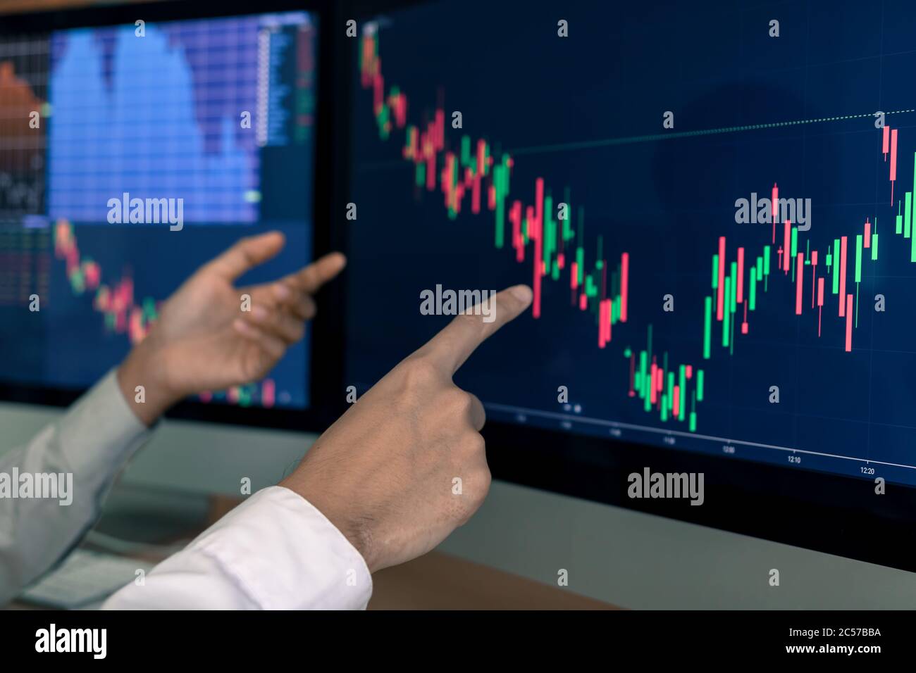 Team of agent trading business people pointing graph and analysis stock market on computer