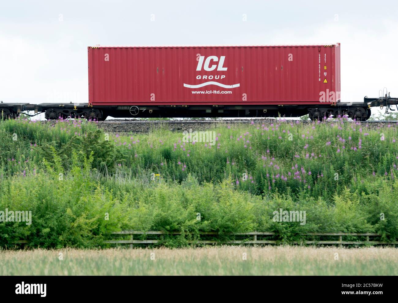 ICL Group shipping container on a freightliner train, Warwickshire, UK Stock Photo