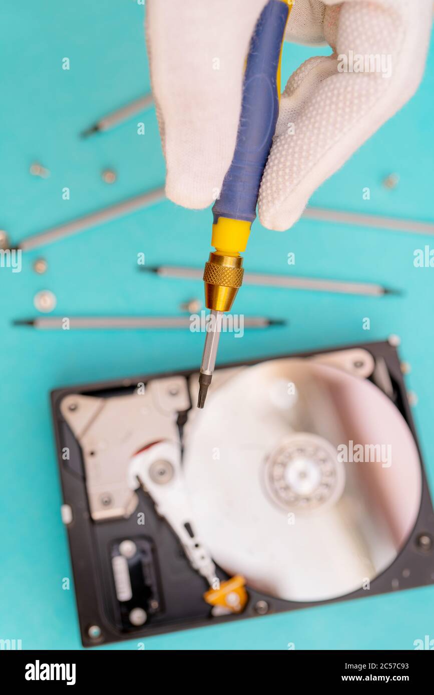 Set of screwdrivers for repair. Computer repair. Computer hard drive